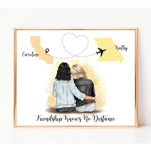 La amistad no conoce distancias, retrato personalizado de mejores amigos, regalo de amistad a larga distancia, regalo de Navidad de estado a estado, amigos extraños.