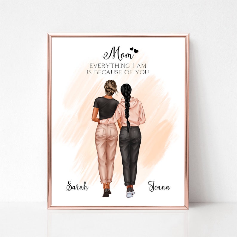 May include: A printable art print with a watercolor background featuring two women walking side-by-side. The text reads "Mom, Everything I am is because of you." The women's names, Sarah and Jenna, are written below the image.