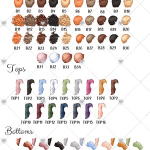 K&ouml;nnte beinhalten: Eine Tabelle mit Optionen f&uuml;r ein Baby-Outfit. Die Tabelle enth&auml;lt Frisuren, Oberteile und Unterteile. Die Frisuren sind von B1 bis B30 nummeriert. Die Oberteile sind von TOP1 bis TOP16 nummeriert. Die Unterteile sind von PANTS1 bis PANTS16 nummeriert.