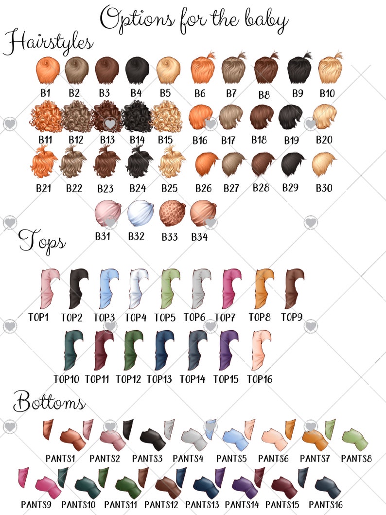 K&ouml;nnte beinhalten: Eine Tabelle mit Optionen f&uuml;r ein Baby-Outfit. Die Tabelle enth&auml;lt Frisuren, Oberteile und Unterteile. Die Frisuren sind von B1 bis B30 nummeriert. Die Oberteile sind von TOP1 bis TOP16 nummeriert. Die Unterteile sind von PANTS1 bis PANTS16 nummeriert.