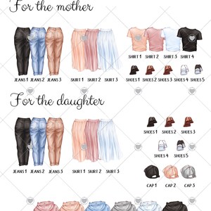 May include: A digital illustration of clothing options for a mother and daughter. The mother's options include jeans, skirts, shirts, and shoes. The daughter's options include jeans, skirts, shoes, and caps. There are also hoodies in various colors for both the mother and daughter.