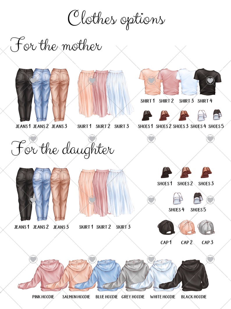 May include: A digital illustration of clothing options for a mother and daughter. The mother's options include jeans, skirts, shirts, and shoes. The daughter's options include jeans, skirts, shoes, and caps. There are also hoodies in various colors for both the mother and daughter.