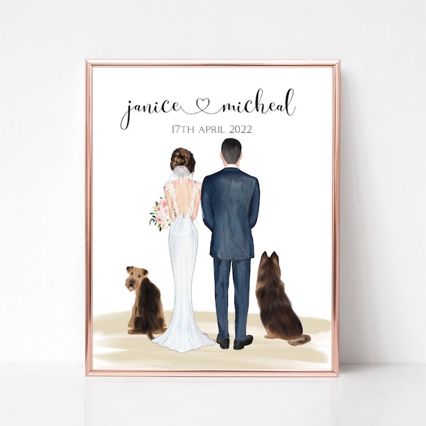 Personalized Wedding Print with Dog, Bride and Groom, Mr and Mrs, Wedding Keepsake, Wedding Print with Pets, Newly Weds, Family Print