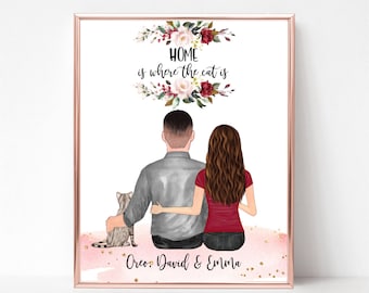 Family Love, Family Gift, Couple Print, Couple Gift, Family Print, Couple with Pet, Cat Lover Gift, Custom Cat Picture, Family with Cat