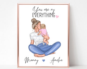 Personalized Mother & Newborn Baby Portrait, Gift for New Mom, Baby Shower Gift, Mom with Daughter and Son, Mother's Day Gift, Gift for Wife