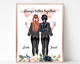 Personalized Best Friend Portrait, Sisters Moving Gift, Poster, Digital Print for Bestie, Friend Birthday Gift, Long Distance Friendship