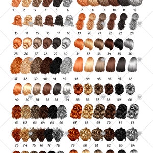 K&ouml;nnte beinhalten: Ein Diagramm mit 96 verschiedenen Frisuren f&uuml;r Frauen, nummeriert von 1 bis 96. Die Frisuren werden von hinten gezeigt, und jede Frisur hat eine andere Farbe, darunter blond, braun, schwarz, rot und grau.