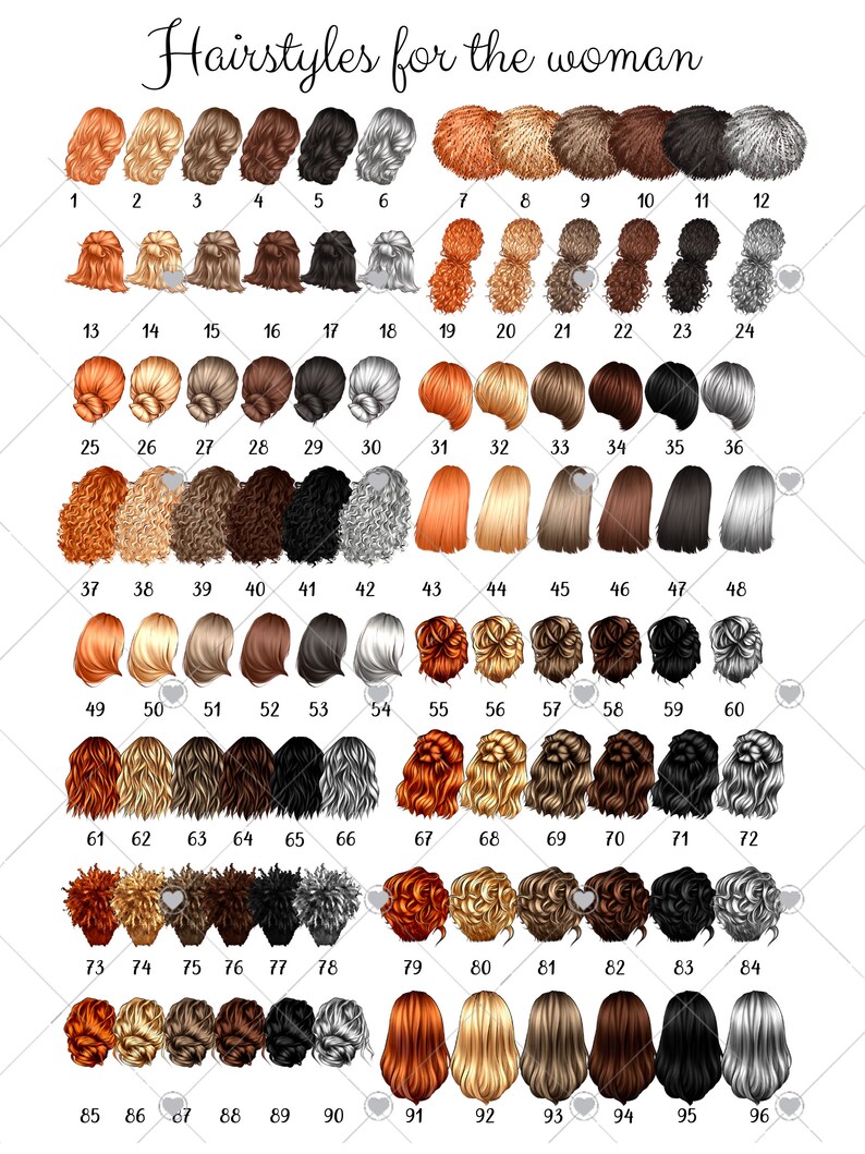K&ouml;nnte beinhalten: Ein Diagramm mit 96 verschiedenen Frisuren f&uuml;r Frauen, nummeriert von 1 bis 96. Die Frisuren werden von hinten gezeigt, und jede Frisur hat eine andere Farbe, darunter blond, braun, schwarz, rot und grau.