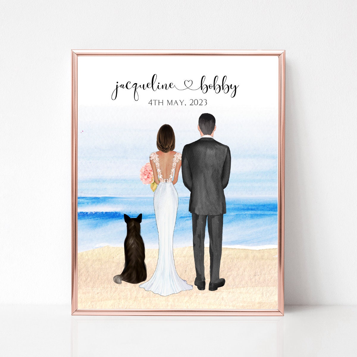 Personalized Bride and Groom Print, Bride and Groom Illustration with Pets, Beach Wedding Gift, Wedding Gift for Him, Wedding Gift for Her