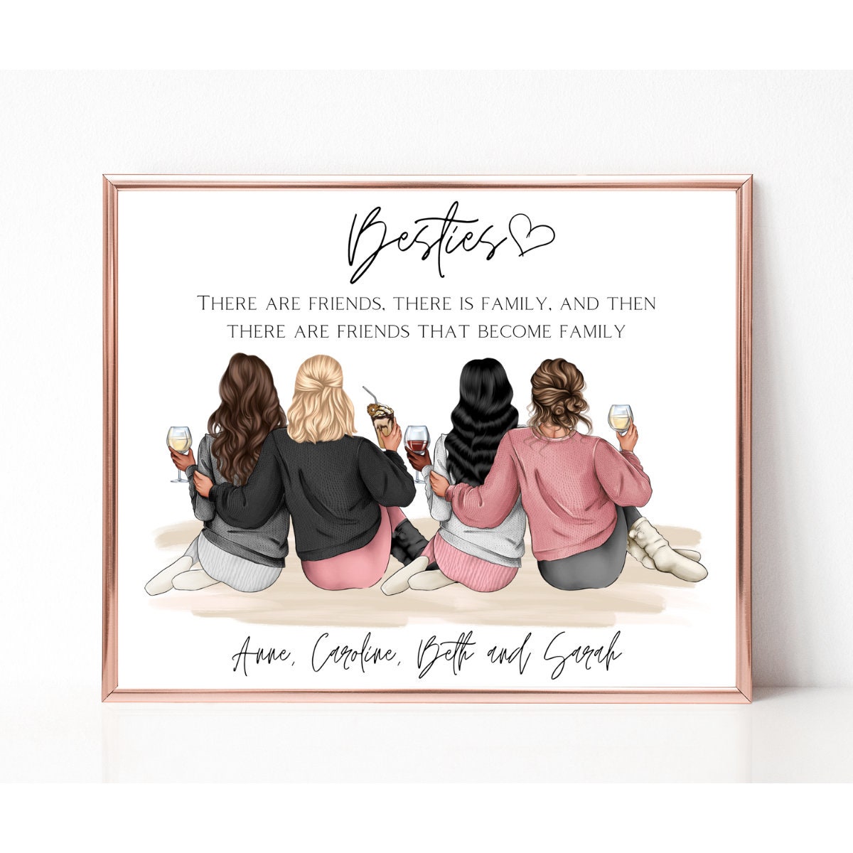 Gruppe von vier besten Freunden Bild, personalisierte Gruppe Freundschaft Druck, Weihnachtsgeschenk für Besties, benutzerdefinierte 4 Freunde Illustration
