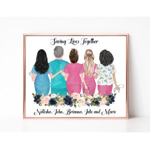 Personalized Nurse Team Print, Digital Art Picture for Coworkers, Gift for Doctor, Scrub Life, Nurse Friends Gift, Female and Male Nurses