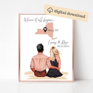 Pode incluir: Impressão digital emoldurada com o texto "Where it all began..." e a localização Ithaca, NY. A impressão inclui os nomes Lucas & Rose e a data 09.23.2024. A moldura é em ouro rosa.