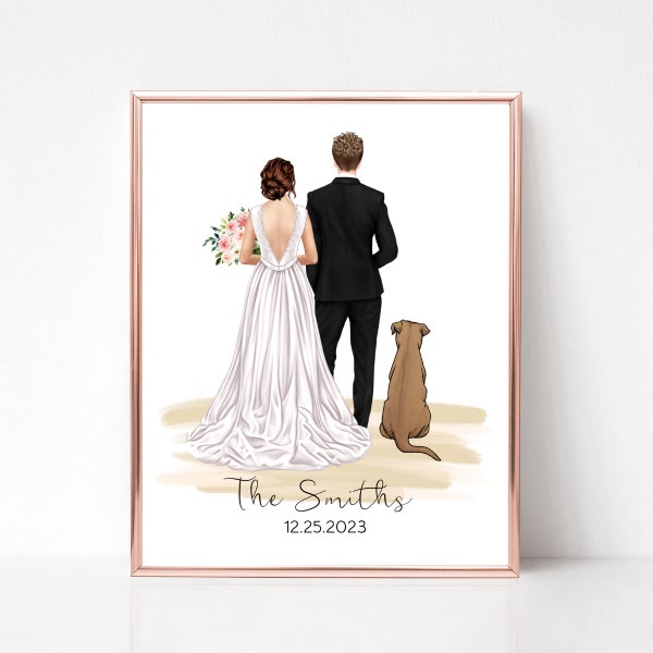 Gepersonaliseerde bruiloft print met hond, de heer en mevrouw print, bruid en bruidegom cadeau, huwelijkscadeau voor de bruid, bruiloft aandenken, net getrouwd