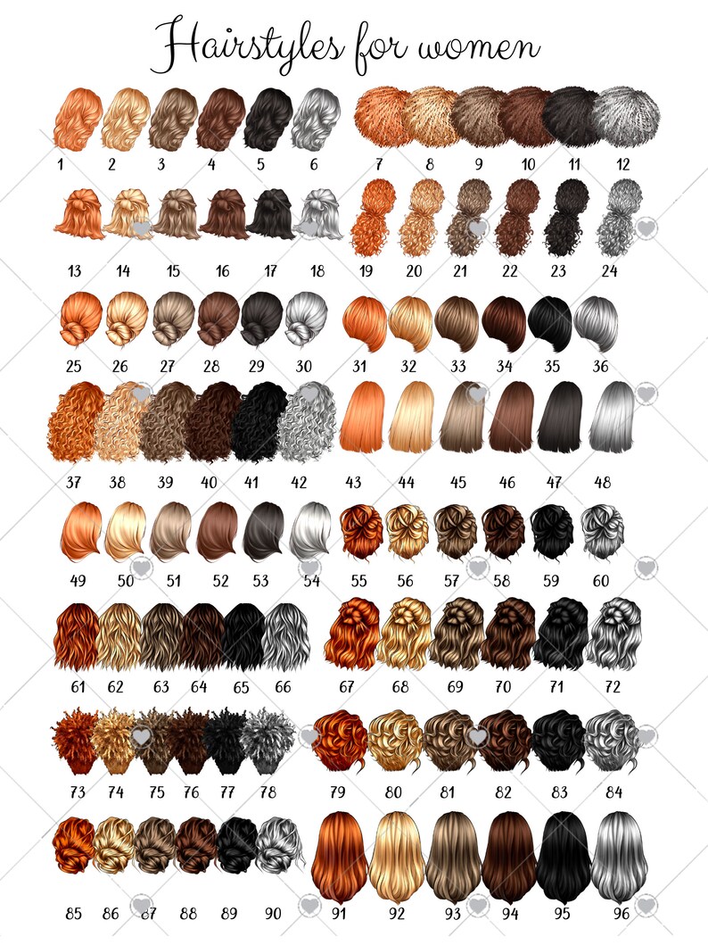 May include: A chart of 96 different hairstyles for women, numbered 1 through 96. The hairstyles are shown from the back, and each hairstyle is a different color and style.