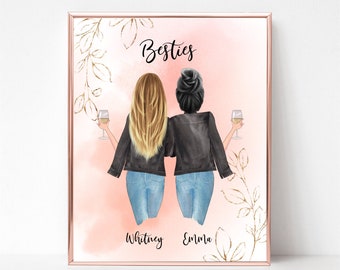 Best Friends Birthday Gift, Best Friend Portrait, Friendship Art, Besties Gift, Personalized Print, Best Friend Picture, Bridesmaid Gift