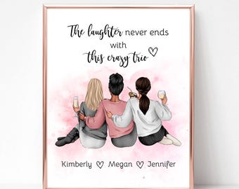 The Laughter Never Ends with this Crazy Trio, Group of Three Besties Picture, Personalized Print with 3 Best Friends, Birthday Gift Friend