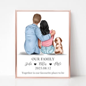 Our Family Cute Couple Portrait with Pet, Valentine's Day Gift, Customized Dog Mom and Dad Print, Dog Family Print, Gift for Pet Owners