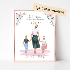 Personalized Mother and Children Portrait, Mothers Day Gift, Custom Digital Wall Art, Mommy and Me, Birthday Gift for Mum, Mom with Toddlers