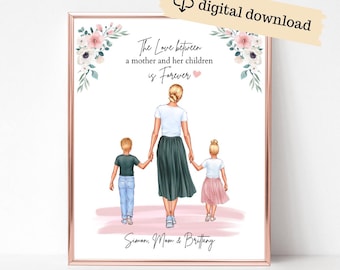 Personalized Mother and Children Portrait, Mothers Day Gift, Custom Digital Wall Art, Mommy and Me, Birthday Gift for Mum, Mom with Toddlers