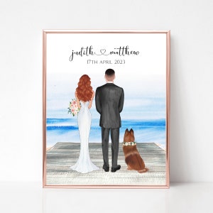 Personalized Wedding Print with Dog, Beach Wedding Picture, Gift for Newlywed Happy Couple, Bride and Groom Digital Portrait, Custom Present