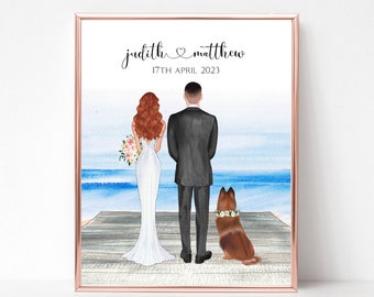 Personalized Wedding Print with Dog, Beach Wedding Picture, Gift for Newlywed Happy Couple, Bride and Groom Digital Portrait, Custom Present