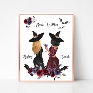 Halloween Print, Personalized Witch Portrait, Funny Halloween Gift, Best Friends Picture, Witch Bestie Gifts, Halloween Gift for Best Friend