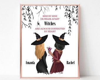 Personalized Witches Portrait, Halloween Portrait, Witches Custom Print, Halloween Print, Two Witch Friends Digital Print, Gift for Bestie