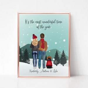 Stampa di Natale personalizzata per coppia, regalo di Natale, festa, regalo per i migliori amici, stampa artistica da parete natalizia, coppia con cane, regalo di coppia