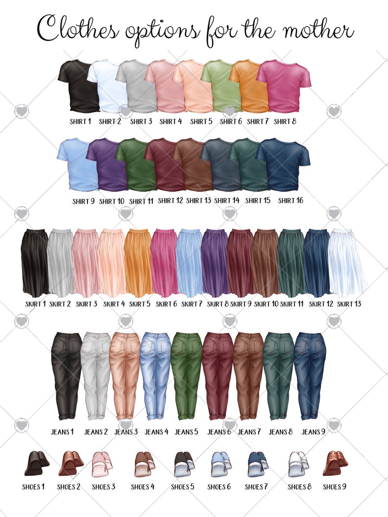 K&ouml;nnte beinhalten: Eine digitale Illustration von Kleidungsoptionen f&uuml;r eine Person. Das Bild zeigt 16 verschiedene Shirts, 13 verschiedene R&ouml;cke, 9 verschiedene Jeanshosen und 9 verschiedene Paar Schuhe.