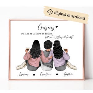 Personalized Three Cousins Digital Art, Cousins Portrait, Birthday Gift for Cousin, Custom Quote Family Print, Group of Cousins Picture