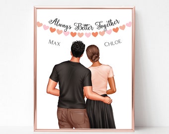 Siempre mejor juntos. Lámina personalizada para parejas, regalo de aniversario, regalo personalizado para parejas para el Día de San Valentín, retrato de novios.