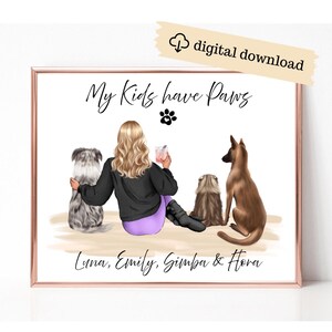 Mes enfants ont des pattes, oeuvre d'art numérique personnalisée pour le propriétaire d'un animal de compagnie, cadeau chien pour maman, impression portrait personnalisé avec animaux de compagnie, cadeau drôle pour propriétaire de chien et de chat