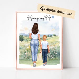 Arte digital personalizado de mamá y yo, arte de madre e hijo en edad escolar, retrato personalizado de mamá con hijo, regalo del Día de la Madre de mi hijo, impresión familiar