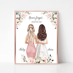 May include: A printable art print featuring two women in dresses with floral accents. The text reads "Never forget... 20210604" and includes the names "Haley" and "Sara".