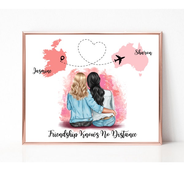 Friendship Knows No Distance, Best Friends Print, Personalised Gift for Bestie, Long Distance Gift, Country to Country Print, Christmas Gift