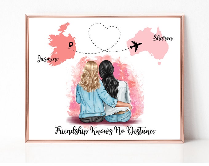 Friendship Knows No Distance, Best Friends Print, Personalised Gift for Bestie, Long Distance Gift, Country to Country Print, Christmas Gift