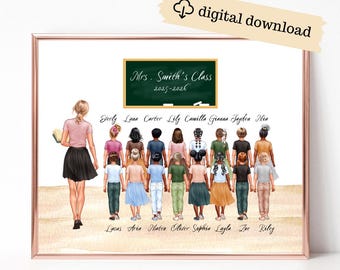 Personalized Teacher with Class Print, Class Names Gift, End of Term Teacher and Student Portrait, Teacher Appreciation Gift, Digital Art