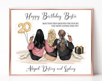 Personalized 20th Birthday Gift for Best Friend, Personalized 20th Birthday Print, Birthday Sister Gift, Group of Three Besties Digital Art