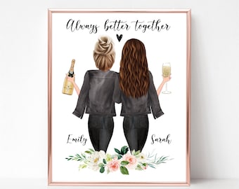 Best Friends Birthday Gifts, Best Friends Portrait, Friendship Art, Bestie Gift, BFF Gift, Personalized Print, Christmas Best Friend Picture