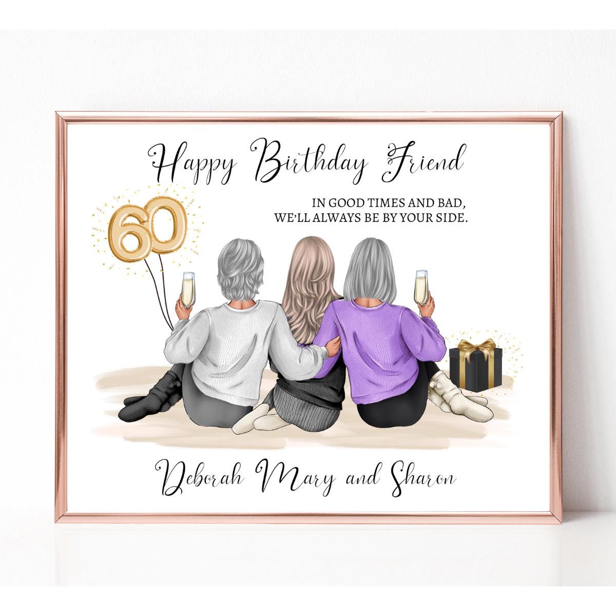 Personalized 60th Birthday Gift, 60th Birthday Portrait, Best Friends Group Print, Birthday Gift from Old Friend, Group of 3 Friends Print