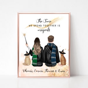 Retrato de pareja de magos con mascota, impresión de mago personalizada, regalo de aniversario personalizado, regalo de novio, regalo de novia maga, regalo para él