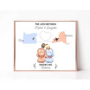Long Distance Mother and Daughter Print, State to State Gift, Personalized Gifts for Mothers Day, Thank You Gift for Mom, Gift from Daughter