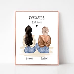 Roommates Personalized Print, Roomies Gifts, Roommate Illustration, Birthday Best Friends Portrait, Graduation Gift for Friends, Digital Art