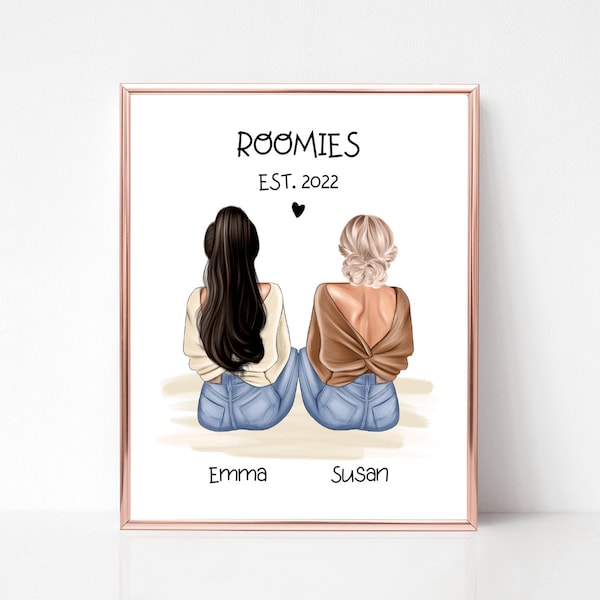 Roommates Personalized Print, Roomies Gifts, Roommate Illustration, Birthday Best Friends Portrait, Graduation Gift for Friends, Digital Art