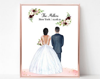 Mr & Mrs Print, Personalized Wedding Couple Print, Bride and Groom Portrait, Gift For Happy Couple, Wedding Illustration, Anniversary Gift.
