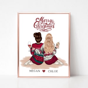 Personalised Friends Christmas Gift, Friendship Portrait, Best Friend Gift, Merry Christmas Print, Digital Art, Last Minute Gift