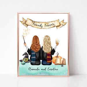 Personalised Wizards Print, Wizard School Digital Art, Best Friends as Wizards, Custom Sisters Gift, Halloween Gift, Custom Besties Portrait