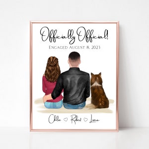 Custom Engagement Gift, Engagement Print with Pet, Customized Engaged Portrait, Couple Gift, Gift for Him, Gift for Her, Couple Portrait