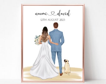 Personalized Wedding Print with Dog, Gift for Bride, Gift for Groom, Mr and Mrs, Anniversary Gift, Wedding Print with Pets,  Family Print