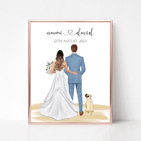 Impresión de boda personalizada con perro, regalo para la novia, regalo para el novio, señor y señora, regalo de aniversario, impresión de boda con mascotas, impresión familiar